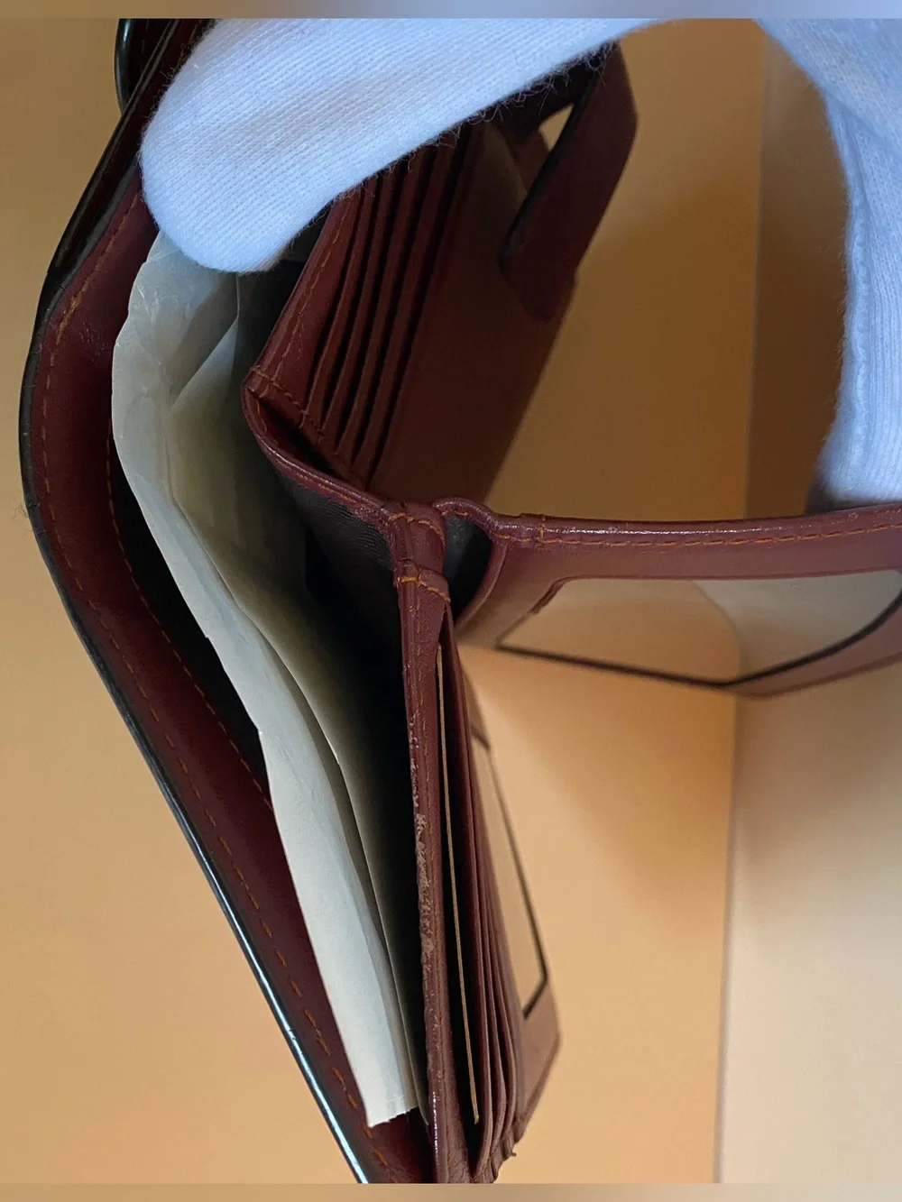 MCM Two-Tone Trifold Leather Continental Wallet in Burgundy and Cognac Brown